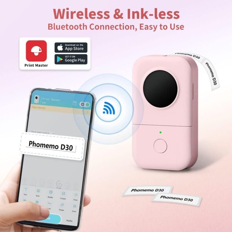 Phomemo D30 Bluetooth Label Printer - Monochrome, Portable, Rechargeable, Compatible with iOS & Android - Image 2