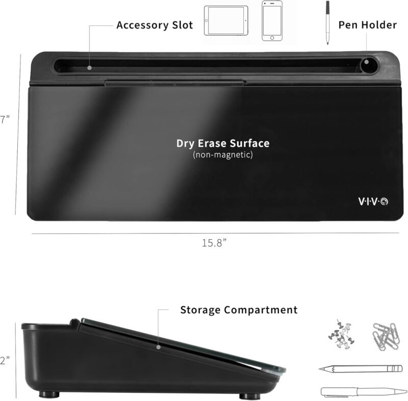 Vivo Glass 16 x 7 inch Dry Erase Board with Storage, Desktop Whiteboard Organizer with Hidden Compartments and Device Slot, Black, DESK-WB16B - Image 3