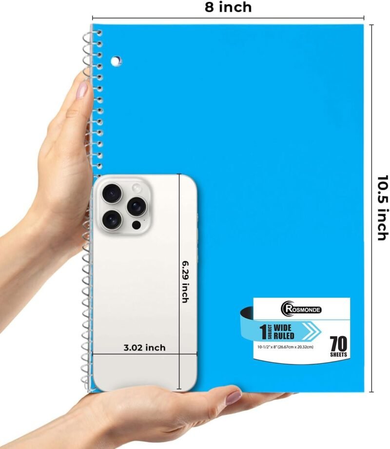 Spiral Notebooks, 12 Pack, 1 Subject Notebook, Wide Ruled, 70 Sheets, 8 x 10-1/2", 3 Hole Punched, School Supplies, Bulk Single Subject Spiral Notebook Bulk, Assorted Colors Pack of Notebooks - Image 3