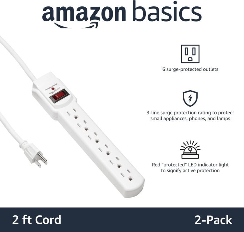 Amazon Basics Surge Protector Power Strip, 6-Outlet with 200J Protection, 2ft Extension Cord, Rectangle, White (2 Pack) - Image 2