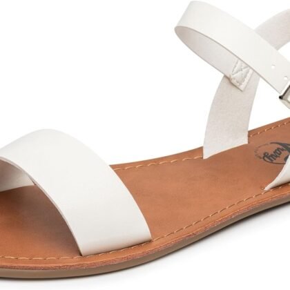 Trary Women's Dressy Summer Leather Flat Ankle Strap Gladiator Open Toe One Band Two Tone Adjustable Metal Buckle Comfortable Wedding Sandals