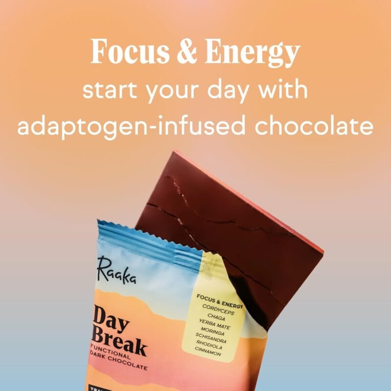 Raaka Functional Mushroom Chocolate | Day Break - Focus & Energy | 63% Cacao Dark Chocolate, Yerba Mate, Cordyceps Mushrooms, Chaga | Vegan, Organic, Gluten-Free | 10 Adaptogen Chocolate Bars - Image 4