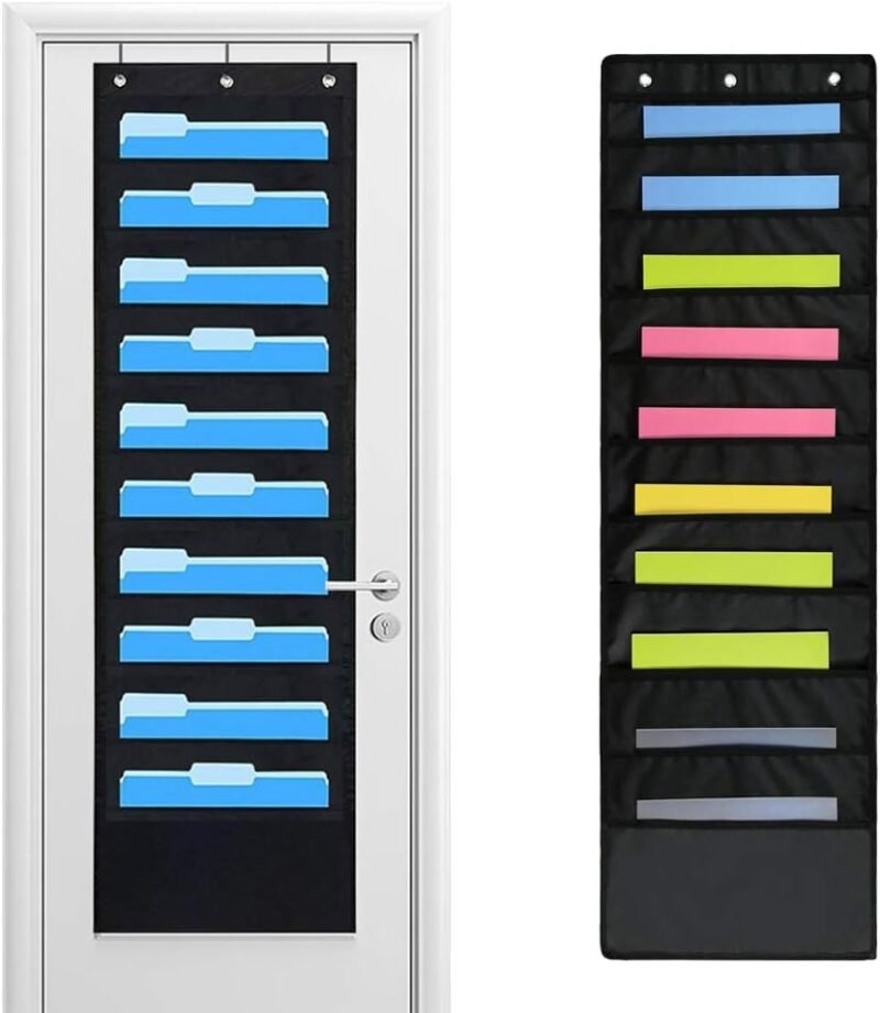 Hanging Wall File Folders Holder Organizer 10 Pocket for Office Home School or Studio Storage Pocket Chart Cascading Fabric File Organizer with 3 Door Hangers