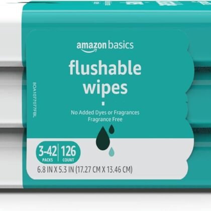 Amazon Basics Adult Wet Wipes Flushable Fragrance Free, 126 Count (3 Packs of 42) Packaging May Vary