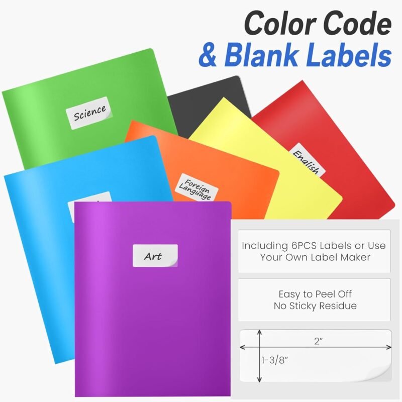 Sooez 7 Pack Folders with Pockets, Pocket Folders with Extra Labels, Plastic Folders with Pockets, 2 Pocket Folders Bulk, Heavy Duty File Folders, School Folders Business Folder Office Filing Supplies - Image 2