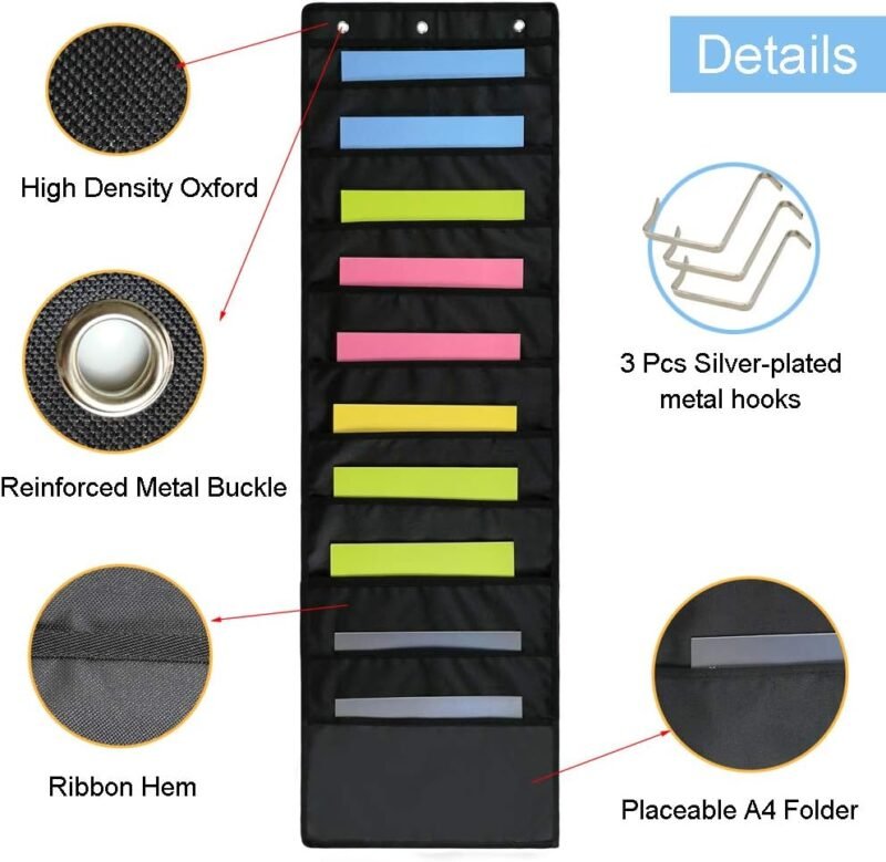 Hanging Wall File Folders Holder Organizer 10 Pocket for Office Home School or Studio Storage Pocket Chart Cascading Fabric File Organizer with 3 Door Hangers - Image 3