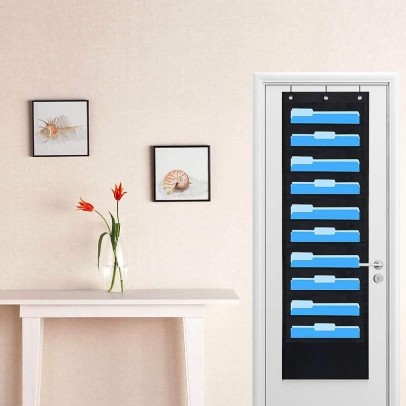 Hanging Wall File Folders Holder Organizer 10 Pocket for Office Home School or Studio Storage Pocket Chart Cascading Fabric File Organizer with 3 Door Hangers - Image 4
