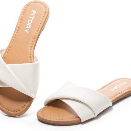 FITORY Women's Flat Sandals Fashion Slides With Soft Leather Slippers for Summer Size 6-11