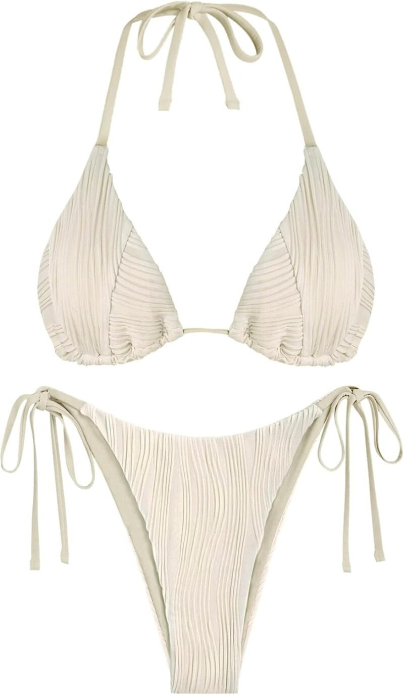 ZAFUL Bikini Sets for Women Halter Two Piece Swimsuit Ribbed High Cut Tie Side Thong Bathing Suit Sexy Padded Swimwear