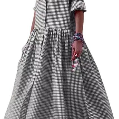 chouyatou Women's Retro Plaid Button Down Maxi Shirt Dress Long Sleeve Button Up Gingham Swing Long Dress
