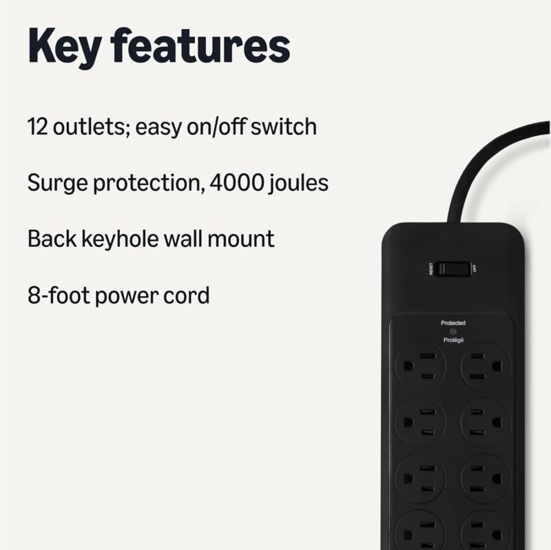 Amazon Basics Surge Protector Power Strip, 12-Outlet, 4000 Joules, 8ft Extension Cord, Rectangle, for Home, Office, Gaming Room, Black - Image 2