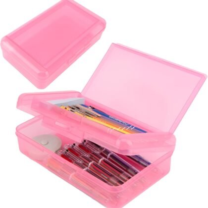 Pencil Case, Double Layer Large Capacity Pink Plastic Pencil Box, Clear Crayon Box, Hard Pen Boxes with Snap-tight Lid, Storage Art Craft Box Marker Organizer for Kids Boys Offices School Supplies