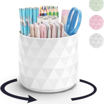 Desk Organizer,Sparkling Diamond-like Pen Holder for Desk 360°Rotating Office Accessories,Pencil Cup with 5 Compartments Storage Box Caddy for Office,School,Home,Art Supply(White)