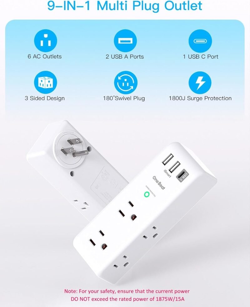 Surge Protector Outlet Extender with Rotating Plug - One Beat 6 AC Multi Plug Outlet with 3 USB Ports (1 USB C), 1800J Wall Charger, 3-Sided Power Strip Spaced Outlet Splitter for Home Office Travel - Image 3