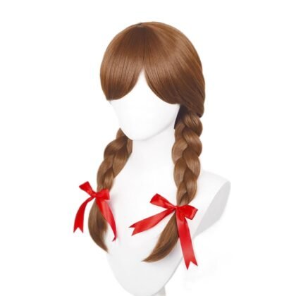 Aicos Brown Braid Cosplay Wig for Women Horror Doll Annabelle Cosplay Long Brown Costume Wigs with Red-Bow for Halloween + Wig Cap