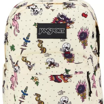 JanSport SuperBreak Plus Backpack with Padded 15-inch Laptop Sleeve and Integrated Bottle Pocket - Spacious and Durable Daypack for Work and Travel - Traditional Tats