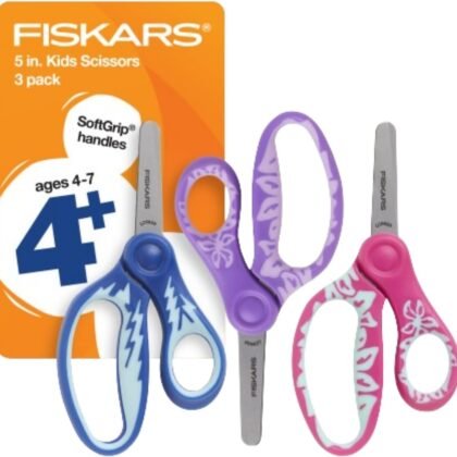 Fiskars 5" SoftGrip Blunt-Tip Scissors for Kids Ages 4-7 (3-Pack), Scissors for School or Crafting, Back to School Supplies, Blue, Purple, and Pink Designs