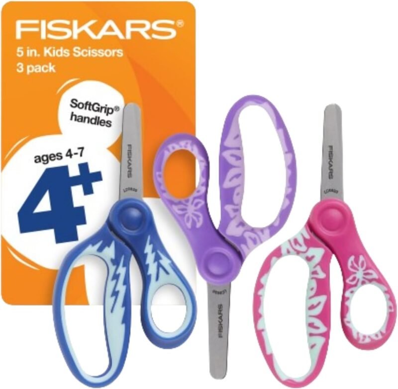 Fiskars 5" SoftGrip Blunt-Tip Scissors for Kids Ages 4-7 (3-Pack), Scissors for School or Crafting, Back to School Supplies, Blue, Purple, and Pink Designs