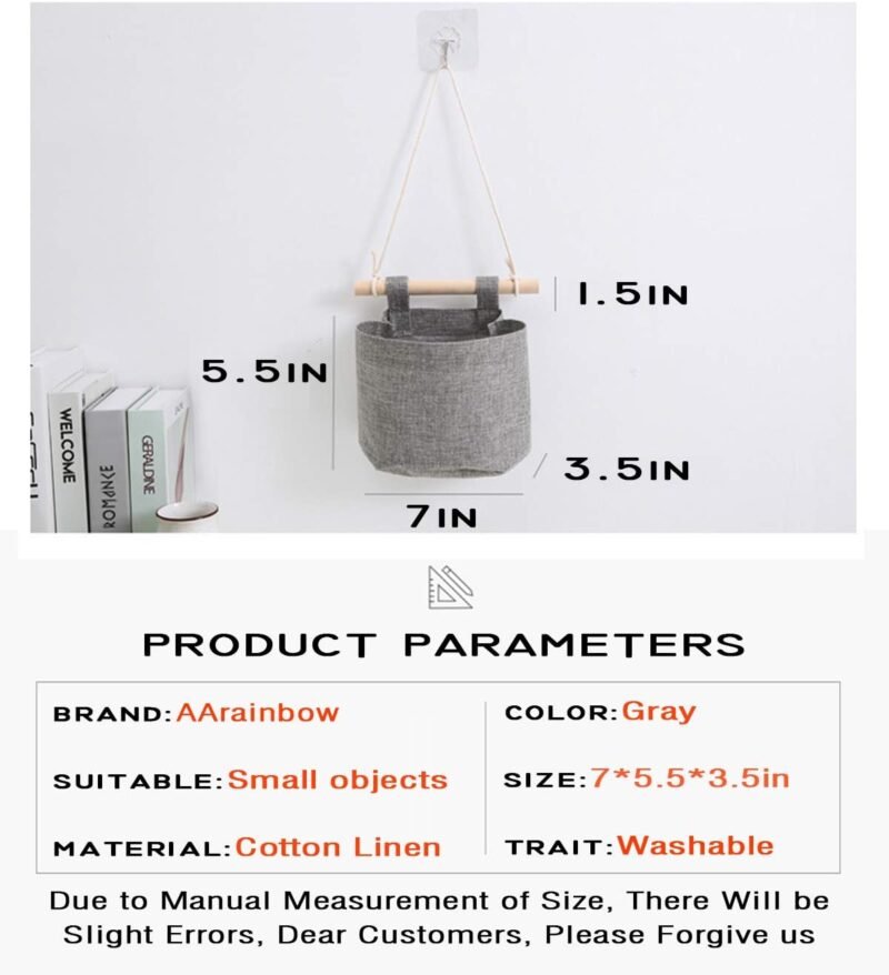 AARAINBOW 1 Pack Mini Cotton Linen Fabric Closet Detachable Foldable Washable Hanging Storage Bag with 3 Pockets Over The Wall Door Small Organizer for Room Bathroom (Gray) - Image 2