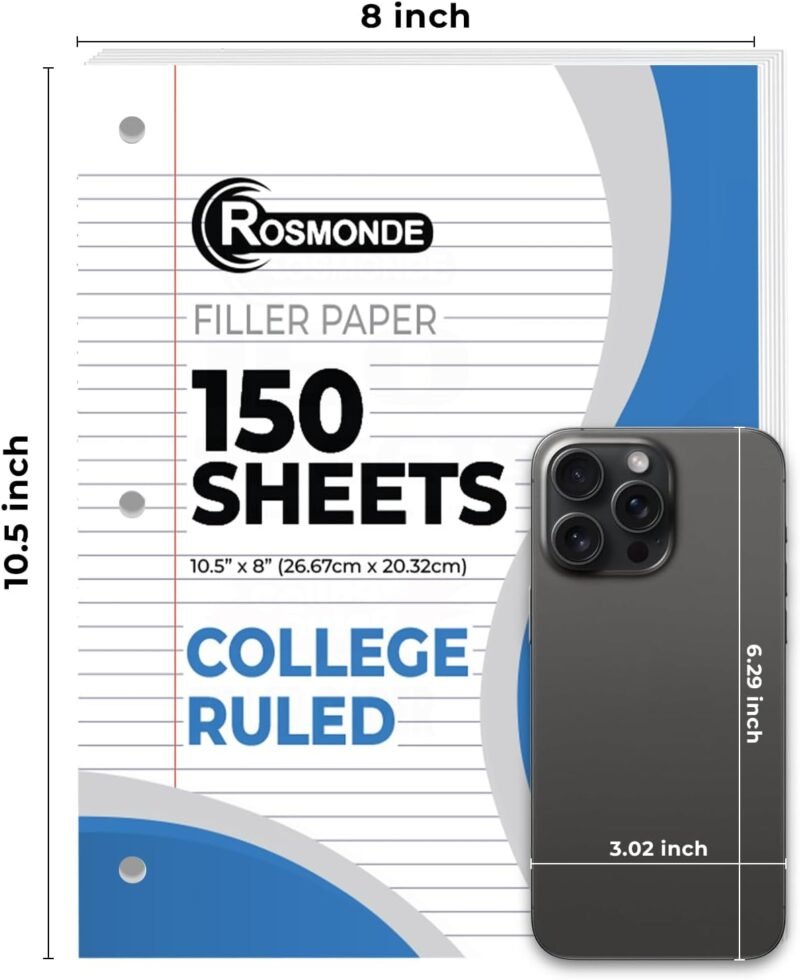 Loose Leaf Paper, 450 Sheets, 3 Pack, College Ruled Paper, 8" x 10.5", Bulk Office Filler Paper, 3 Hole Punched, 150 Sheets/Pack, 56 gsm Paper, College Ruled Notebook Paper for Binder, White - Image 3