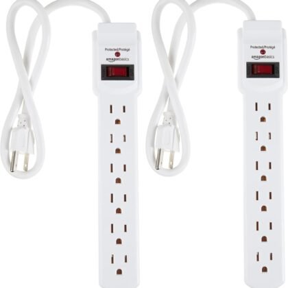 Amazon Basics Surge Protector Power Strip, 6-Outlet with 200J Protection, 2ft Extension Cord, Rectangle, White (2 Pack)