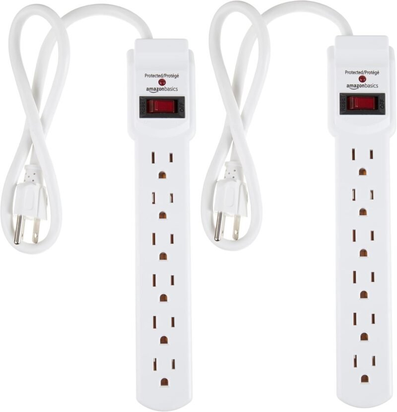 Amazon Basics Surge Protector Power Strip, 6-Outlet with 200J Protection, 2ft Extension Cord, Rectangle, White (2 Pack)