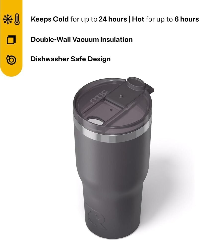 RTIC 30oz Essential Tumbler with Lid, Insulated, Stainless Steel, Metal, Double Wall Vacuum-Insulation, Ceramic Lined, Travel Cup for Iced Coffee, Tea, Hot and Cold Drink, Graphite - Image 3