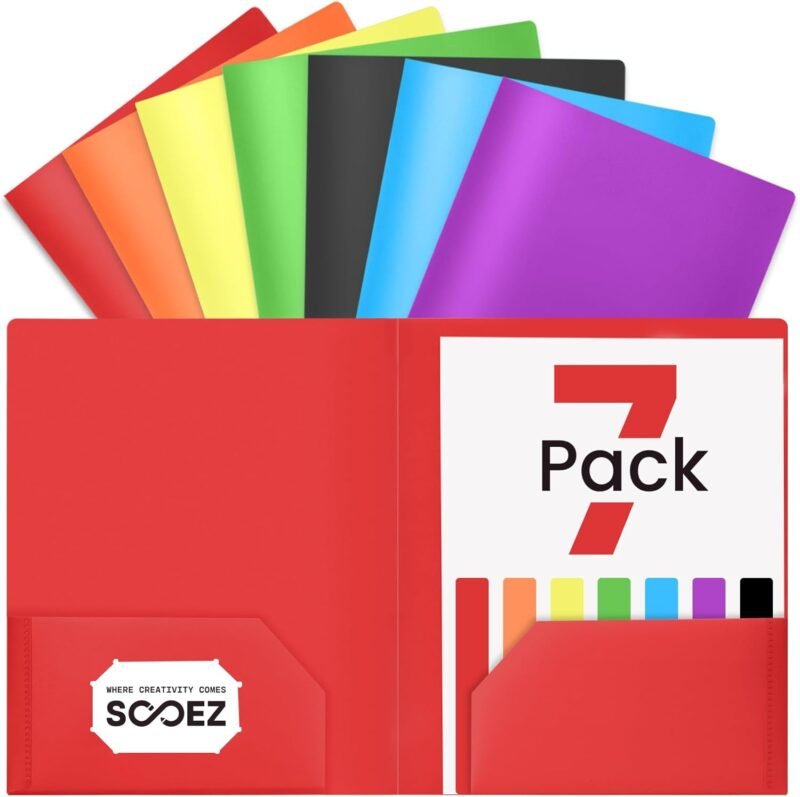 Sooez 7 Pack Folders with Pockets, Pocket Folders with Extra Labels, Plastic Folders with Pockets, 2 Pocket Folders Bulk, Heavy Duty File Folders, School Folders Business Folder Office Filing Supplies