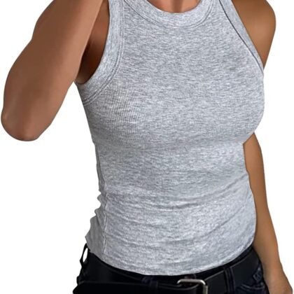 GEMBERA Womens Sleeveless Racerback High Neck Casual Basic Cotton Ribbed Fitted Tank Top