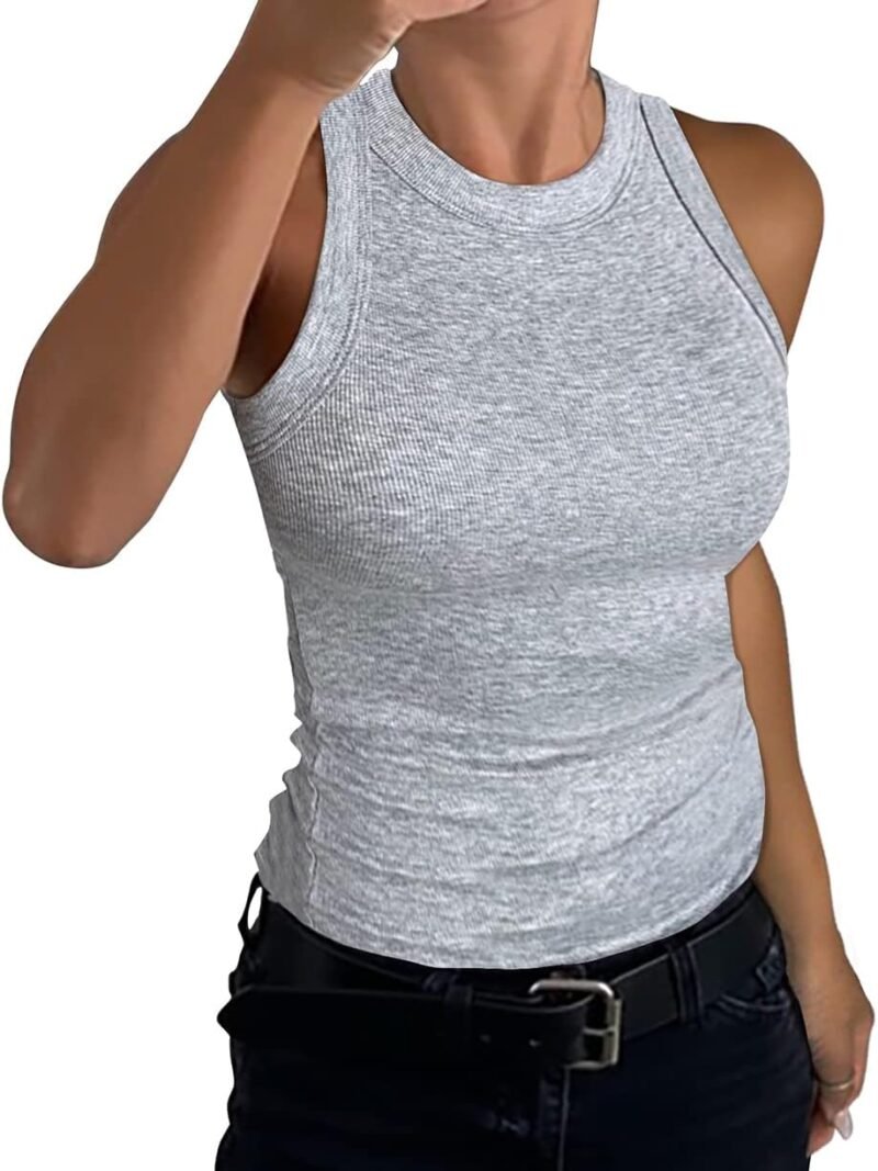 GEMBERA Womens Sleeveless Racerback High Neck Casual Basic Cotton Ribbed Fitted Tank Top