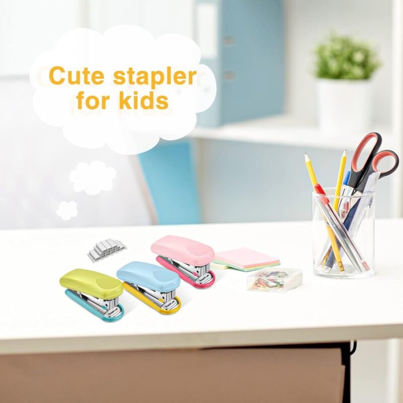 Leinuosen 6 Pack Mini Stapler with 1000 Staples Pink Small Stapler Multipack 16 Sheets Capacity Standard Staples with Box Desktop Remover for Kids School Office Supplies, 3 Colors - Image 6