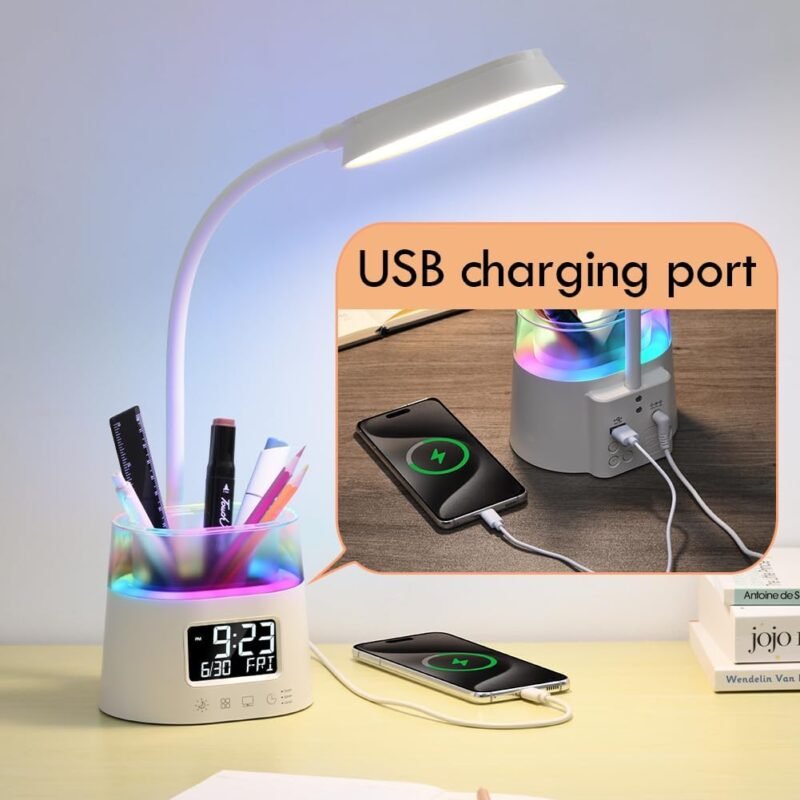WILIT LED Desk Lamps for Home Office with Pen Holder, Table Lamp for Bedroom with USB Charging Port & Clock, RGB Night Light, Study Lamp for Kids Student, Desk Lamp for College Dorm Room Essentials - Image 5