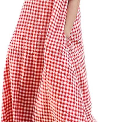 chouyatou Women's Casual Loose-Fit Cotton and Linen Plaid Tank Maxi Dress with Pockets