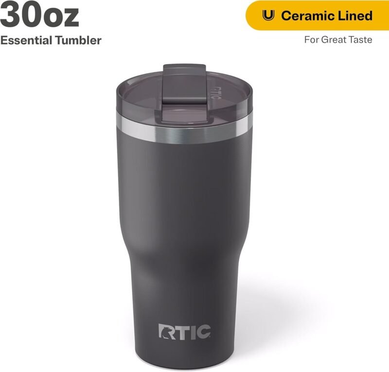 RTIC 30oz Essential Tumbler with Lid, Insulated, Stainless Steel, Metal, Double Wall Vacuum-Insulation, Ceramic Lined, Travel Cup for Iced Coffee, Tea, Hot and Cold Drink, Graphite - Image 2