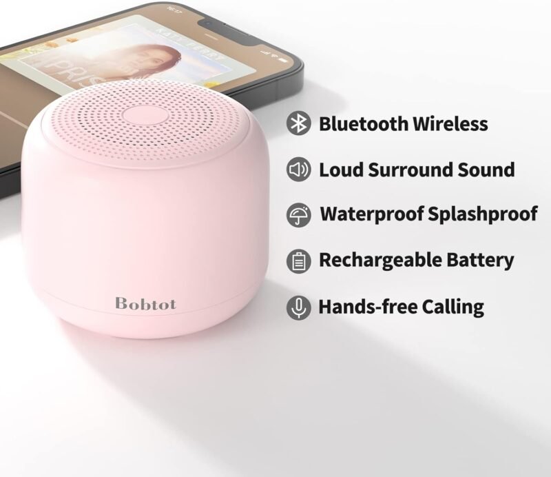 Bobtot Portable Bluetooth Speakers with Strap Easy to Carry, Wireless IPX5 Waterproof Mini Speaker with Loud Stereo Sound, 20 Hours Playtime, Rechargeable Battery, Built-in Microphone, Pink - Image 3