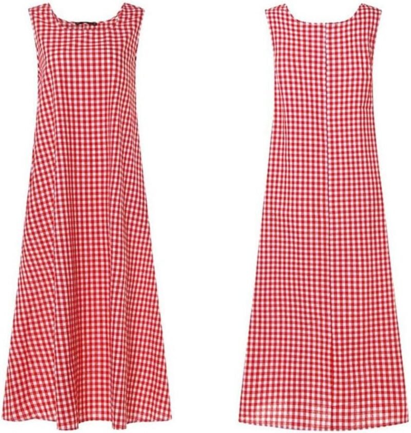 chouyatou Women's Casual Loose-Fit Cotton and Linen Plaid Tank Maxi Dress with Pockets - Image 6