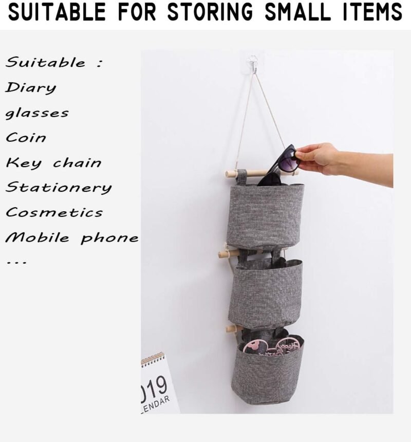 AARAINBOW 1 Pack Mini Cotton Linen Fabric Closet Detachable Foldable Washable Hanging Storage Bag with 3 Pockets Over The Wall Door Small Organizer for Room Bathroom (Gray) - Image 3