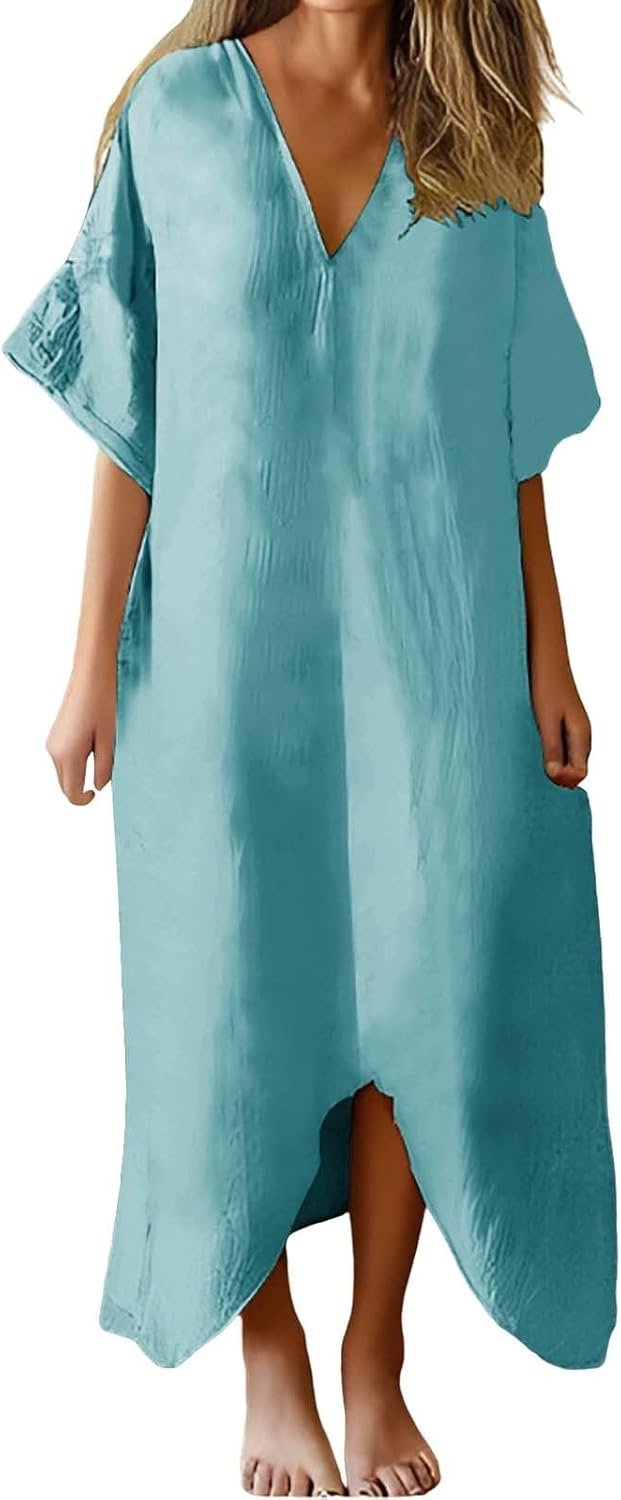 Women's 2025 Linen Casual Dresses Flowy V Neck Short Sleeve Maxi Dress Lightweight Summer Beach Vacation Clothes