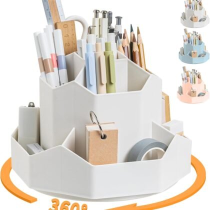 Pencil Pen Holder for Desk,9 Slots 360 Degree Rotating Desk Organizers,Desktop Storage Stationery Supplies Organizer, Cute Pencil Cup Pot For Office, School, Home(White)