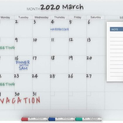 Audio-Visual Direct Magnetic Glass Dry Erase Board Set (3' x 2', Calendar White) for Wall - Monthly Planner