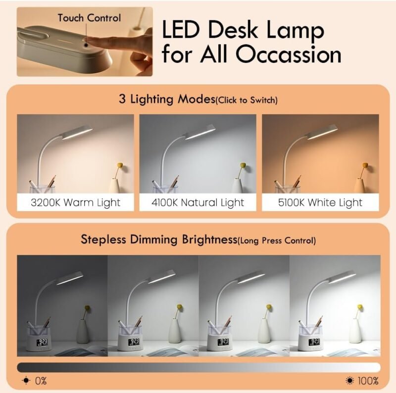 WILIT LED Desk Lamps for Home Office with Pen Holder, Table Lamp for Bedroom with USB Charging Port & Clock, RGB Night Light, Study Lamp for Kids Student, Desk Lamp for College Dorm Room Essentials - Image 2