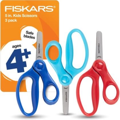 Fiskars 5" Blunt-Tip Scissors for Kids Ages 4-7 (3-Pack) - Scissors for School or Crafting - Back to School Supplies - Red, Blue, Turquoise
