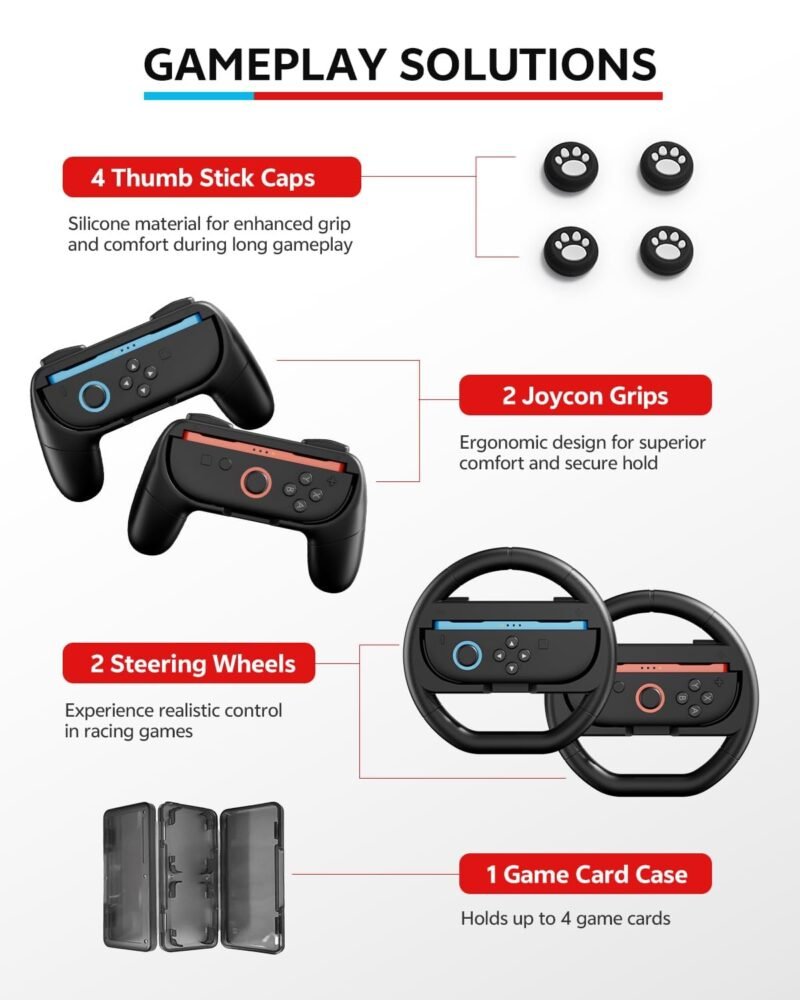 Switch 2 Accessories Bundle for Nintendo, 16 in 1 Game Kit: Carrying Case, Two Screen Protector with Alignment Frame, Steering Wheel for Mario Kart, Grip for joycon Controller Console Protective Cover - Image 6