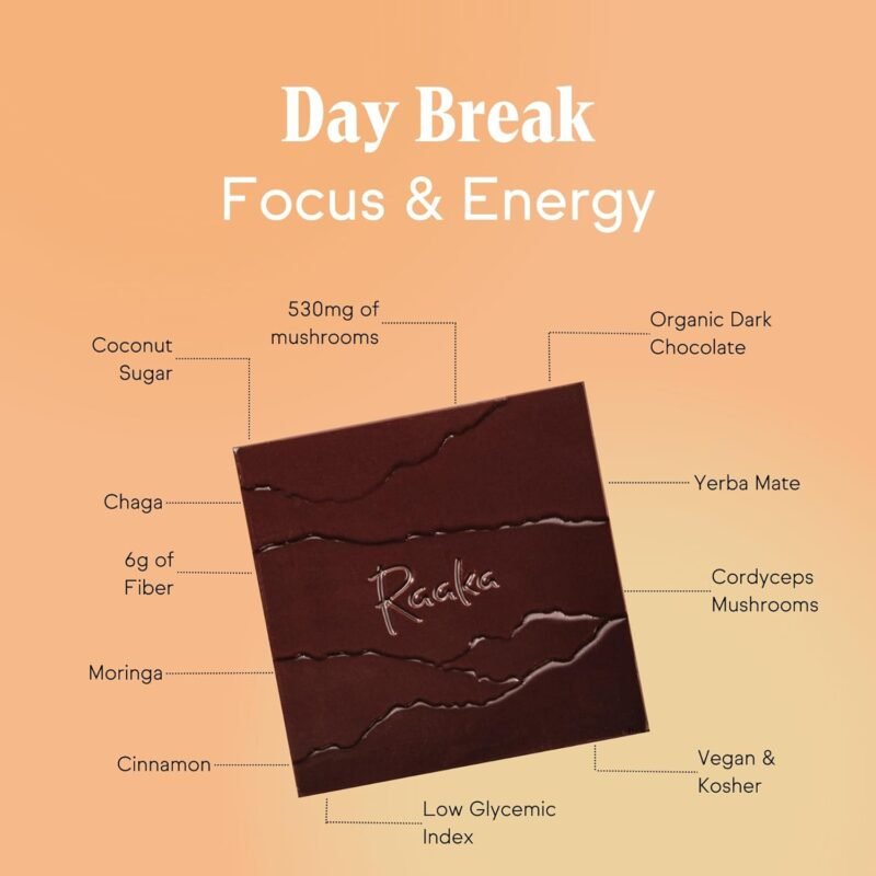 Raaka Functional Mushroom Chocolate | Day Break - Focus & Energy | 63% Cacao Dark Chocolate, Yerba Mate, Cordyceps Mushrooms, Chaga | Vegan, Organic, Gluten-Free | 10 Adaptogen Chocolate Bars - Image 5
