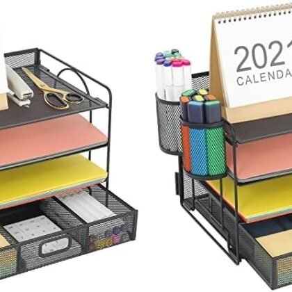 Marbrasse 4-Trays Desktop File Organizer with Pen Holder | Paper Letter Tray with Drawer and 2 Pen Holder | Mesh Office Supplies Desk Organizer for Home Office (Black) (Pack of 2)