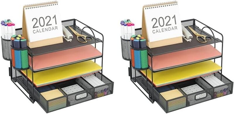 Marbrasse 4-Trays Desktop File Organizer with Pen Holder | Paper Letter Tray with Drawer and 2 Pen Holder | Mesh Office Supplies Desk Organizer for Home Office (Black) (Pack of 2)