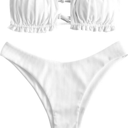 ZAFUL Women 2 Piece Strapless Bikini Swimsuits Ruffle Ribbed Self Tie Bandeau Bikini Set High Cut String Bathing Suits