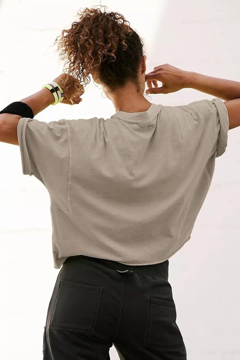 Women's Oversize Workout Crop Tops Casual Short Sleeve Drop Shoulder Boxy T-Shirts Roll Hem Basic Loose Yoga Running Tees - Image 2