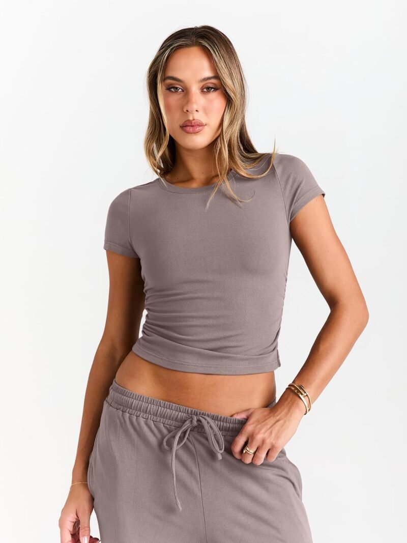 Trendy Queen 2 Piece Matching Summer Sweatsuit Lounge Set Womens Wide Leg Pants Side Ruching Crop Top Sets - Image 5