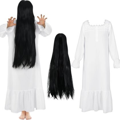 Ramede 2 Pcs Women Ghost Costume Set with White Victorian Vintage Nightgown Gown Black Wig for Horror Halloween Cosplay